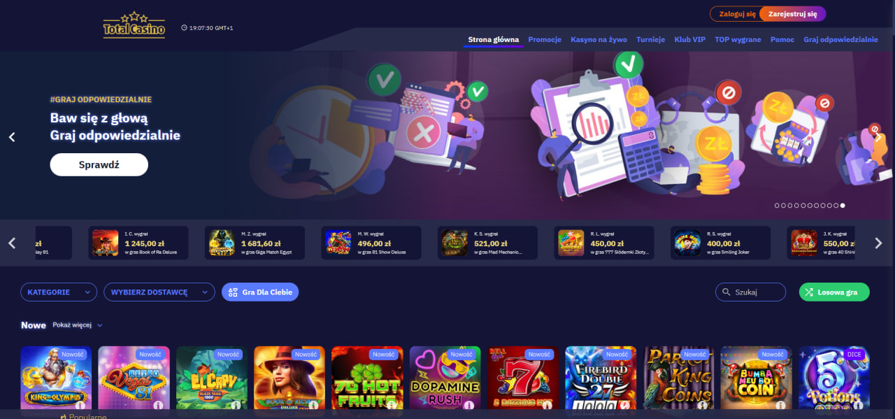Interfejs główny Total Casino z opcjami logowania